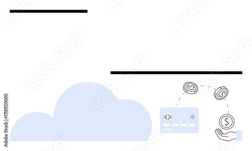 Cloud graphic connected to a payment card with coins transferring to a hand. Ideal for online banking, digital wallets, fintech solutions, e-commerce, financial transactions, cloud computing, secure