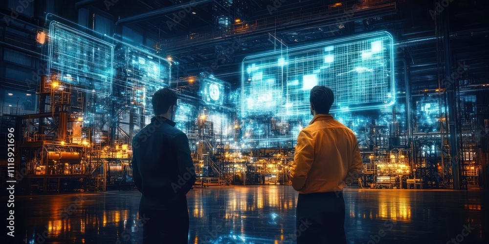 Futuristic Factory Scene with Professionals Observing Digital Holograms in a Smart Industrial Environment Futuristic Factory Scene with Professionals Observing Digital Holograms in a Smart Industrial Environment