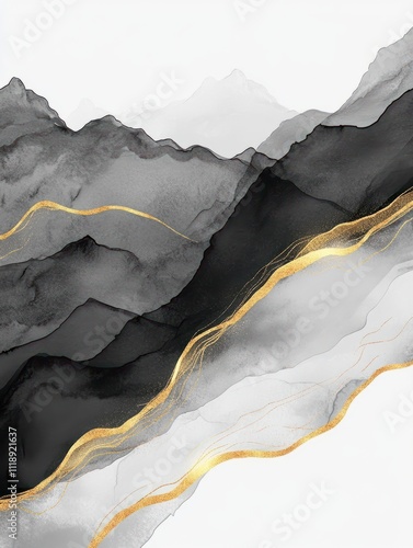 Abstract watercolor background vector. Luxury wallpaper with paint brush and gold line art. Black and gray watercolor, golden lines, mountain illustration for wall art, cover and invitation cards. photo