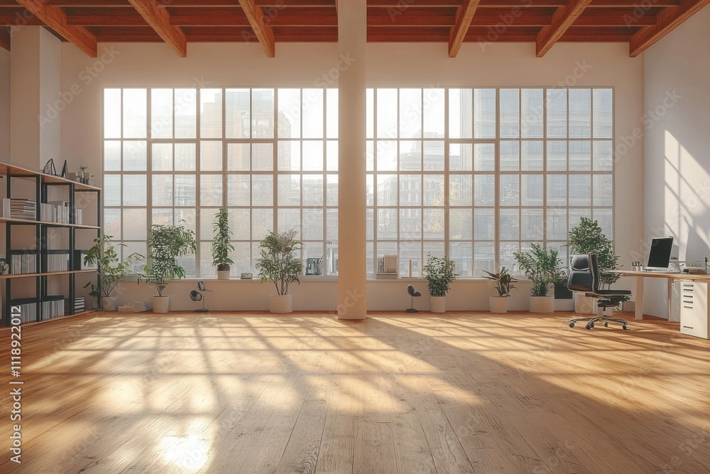 Modern Scandinavian Office Interior Design with Panoramic Windows and Cozy Workspace Modern Scandinavian Office Interior Design with Panoramic Windows and Cozy Workspace