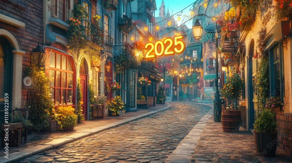 Fototapeta premium Welcoming the New Year: A Cobblestone Path to 2025 with Historic Charm, Evokes hope and nostalgia, perfect for greeting cards, campaigns, or event announcements.