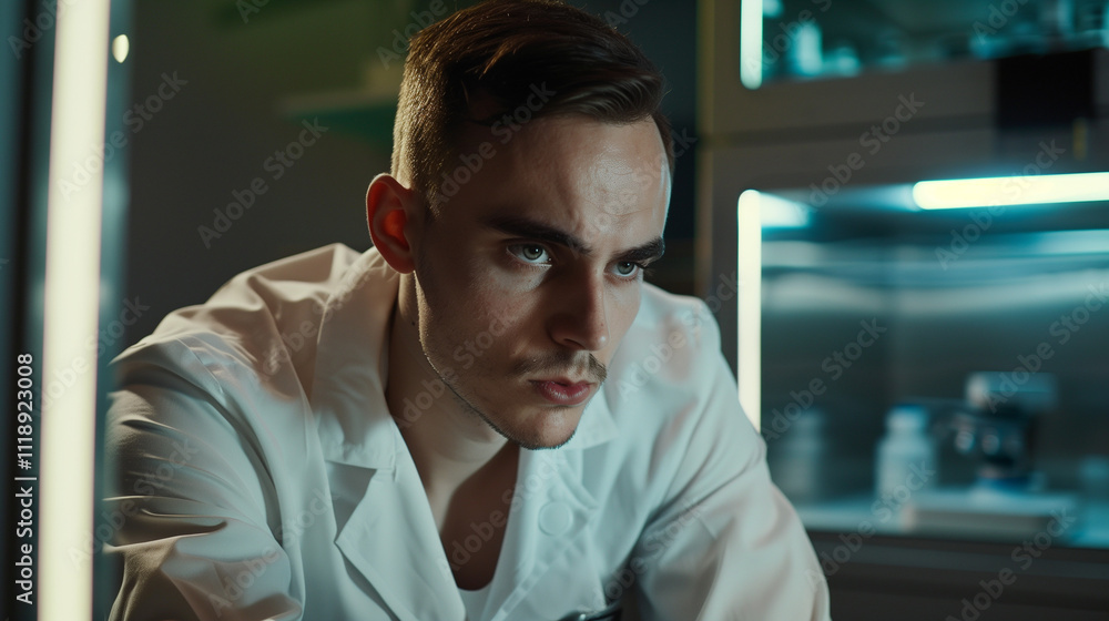 Medical professional intently examining a microscope slide, deeply focused on disease investigation in a sterile lab environment. Medical professional intently examining a microscope slide, deeply focused on disease investigation in a sterile lab environment.