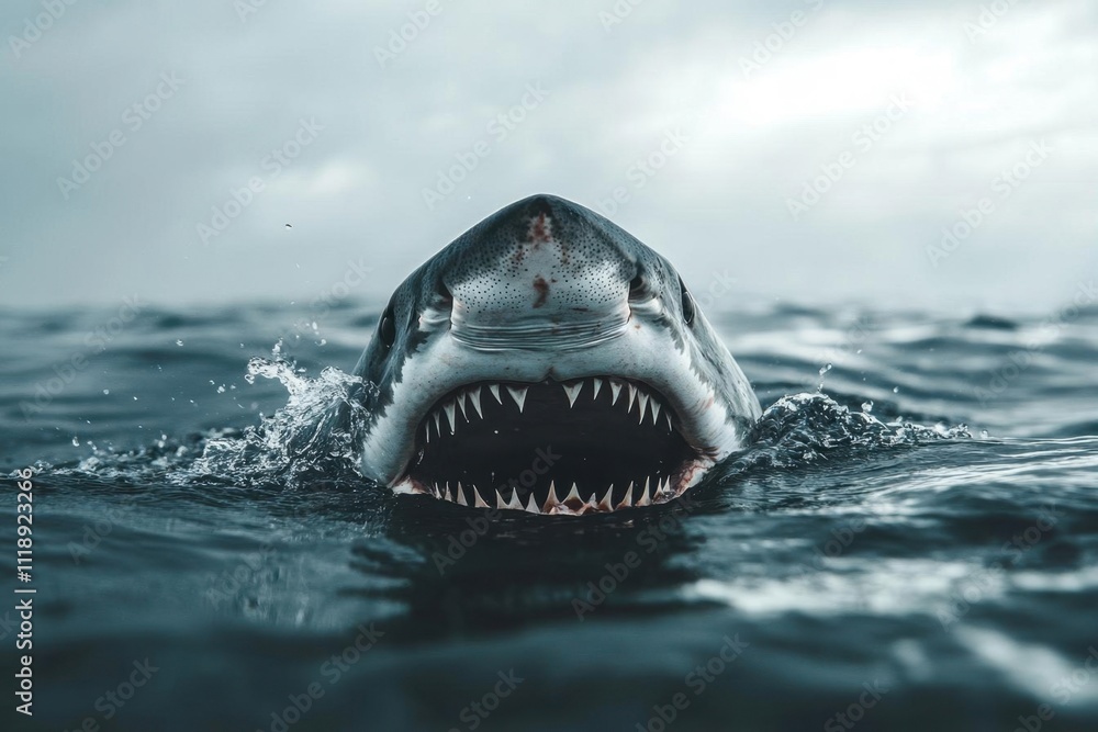 Naklejka premium A close-up of a shark emerging from the water, showcasing its teeth.