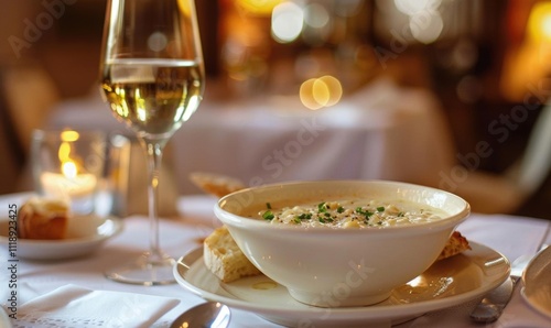 A cozy dining setting featuring soup, bread, and a glass of wine.