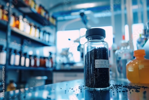 Iron filings in sealed container on lab bench with posters photo