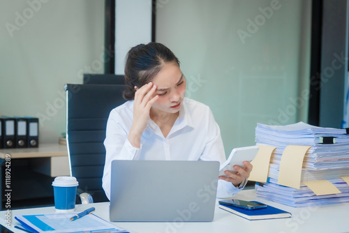 Tableau sur toile A young Asian businesswoman works alone at a desk under daylight with a laptop, papers, and documents