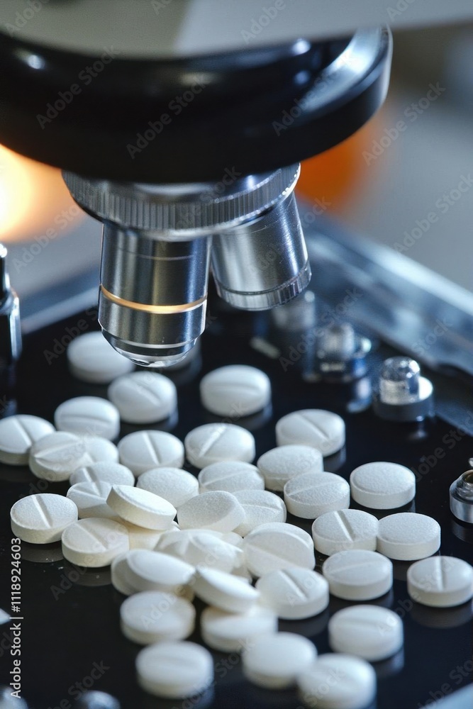 Microscopic view of white pills on a lab surface. Microscopic view of white pills on a lab surface.