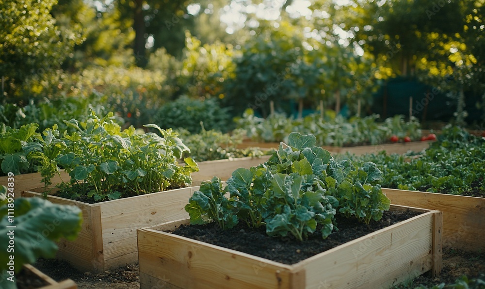 Lush green vegetable plants growing in raised wooden garden beds. Lush green vegetable plants growing in raised wooden garden beds.