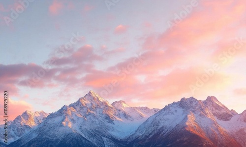 Snow-capped mountains under a pastel sky at sunset.