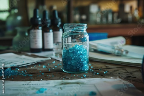 Toxic copper sulfate crystals in laboratory setting with blur background photo