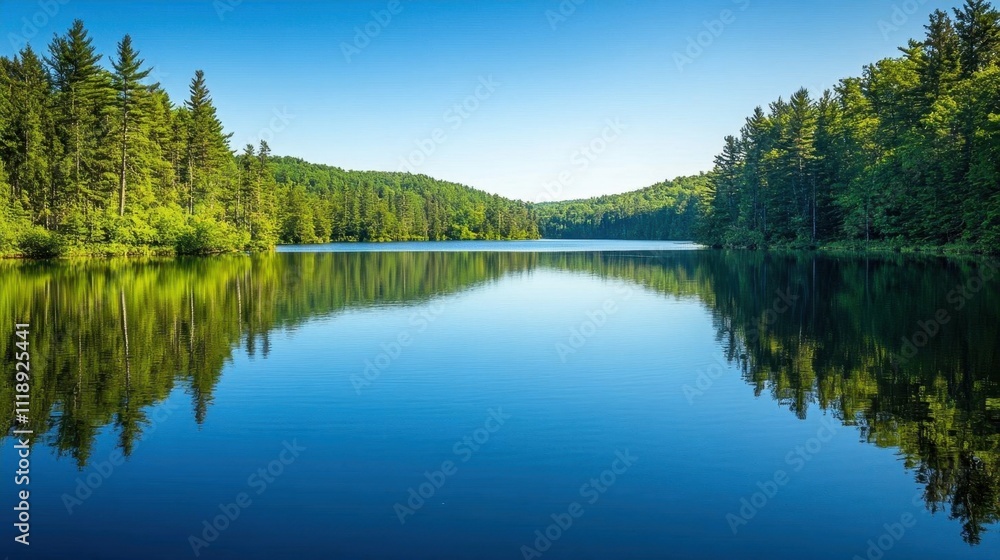Serene lake surrounded by lush green trees under a clear blue sky. Serene lake surrounded by lush green trees under a clear blue sky.