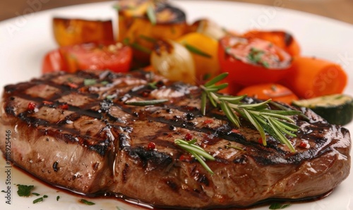 A delicious grilled steak served with colorful roasted vegetables.