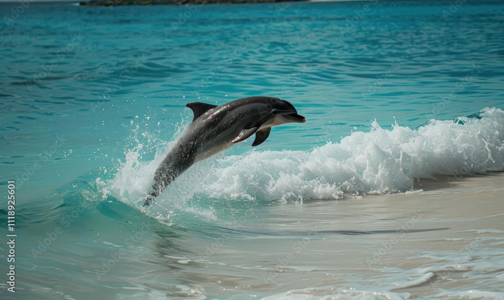 Fototapeta premium A dolphin leaps joyfully above the waves in a serene beach setting.