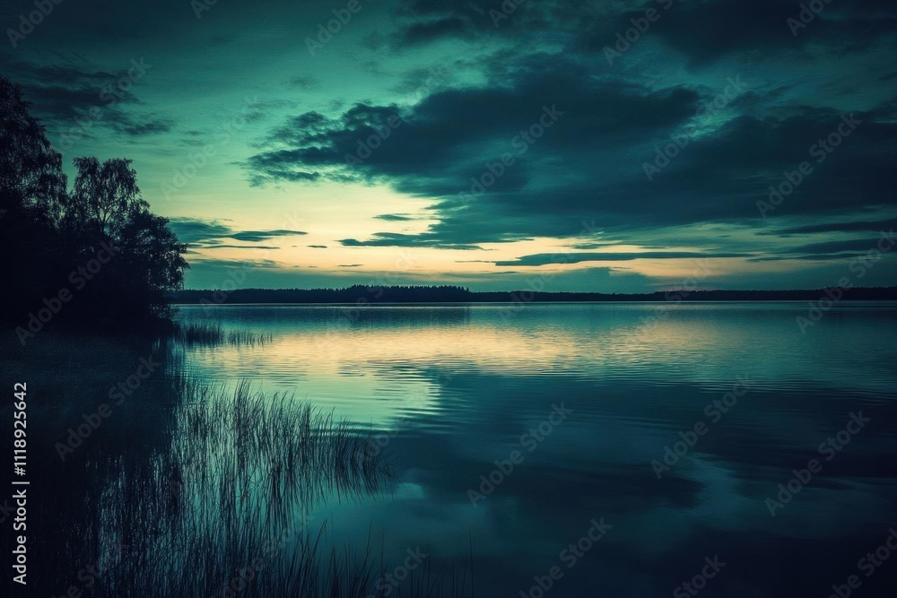 Serene twilight over a calm lake with reflections and soft clouds. Serene twilight over a calm lake with reflections and soft clouds.