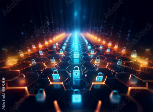 Abstract digital art depicting a futuristic network security system. Glowing hexagons containing padlocks converge towards a bright light source, symbolizing data protection.