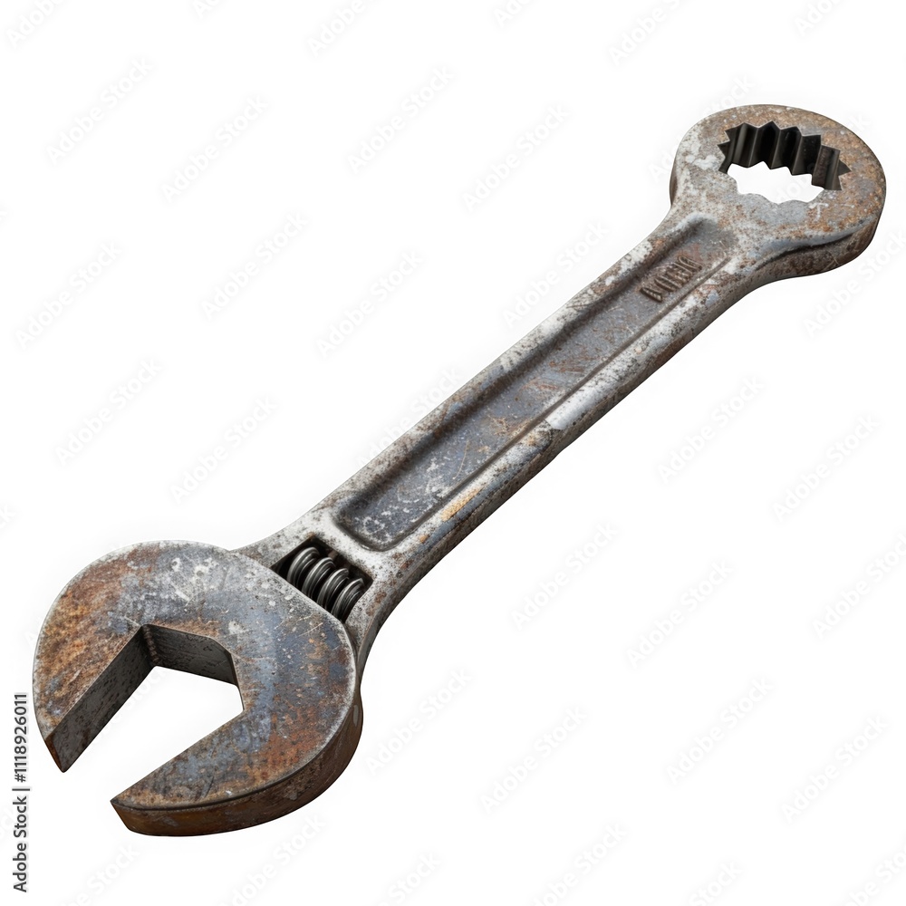 A large metal adjustable wrench used for tightening or loosening nuts. A large metal adjustable wrench used for tightening or loosening nuts.