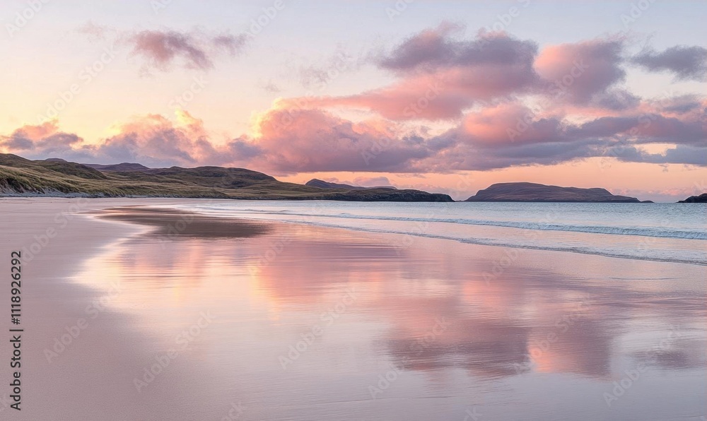 Serene beach at sunset with soft clouds and tranquil reflections. Serene beach at sunset with soft clouds and tranquil reflections.