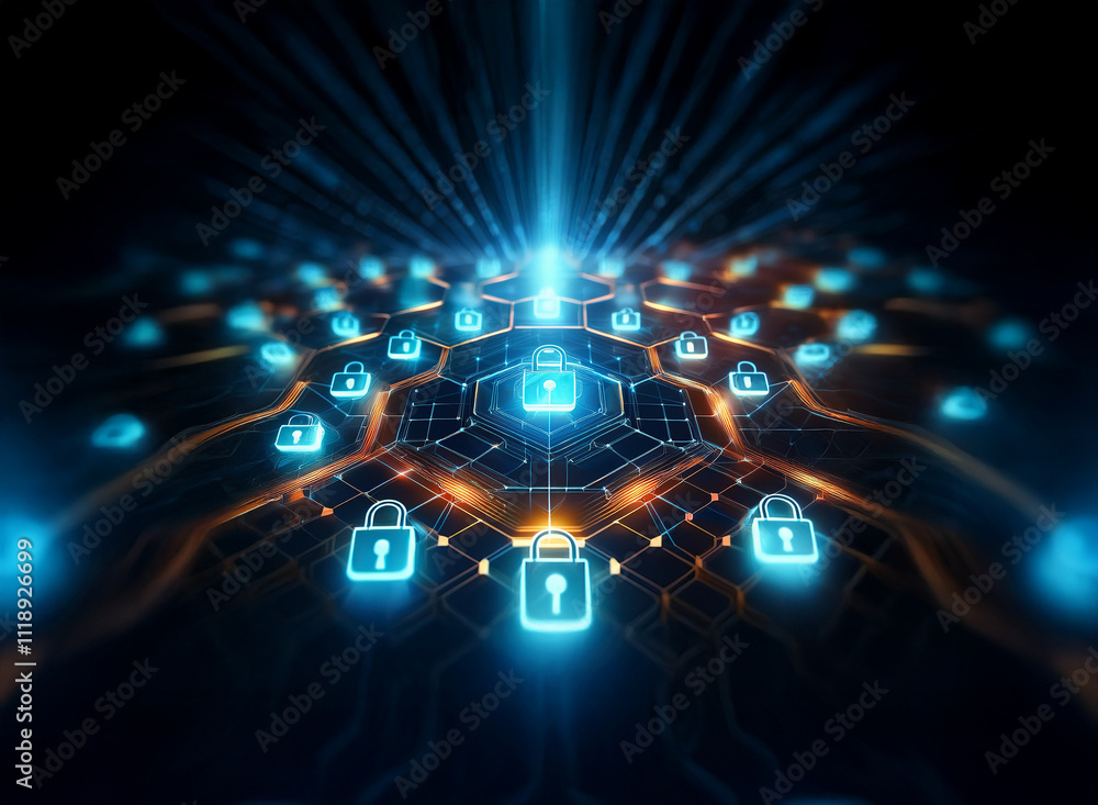 Obraz premium Abstract digital network security concept. Glowing blue padlock icons on a hexagonal grid radiate from a central point, signifying protected data and secure connections.