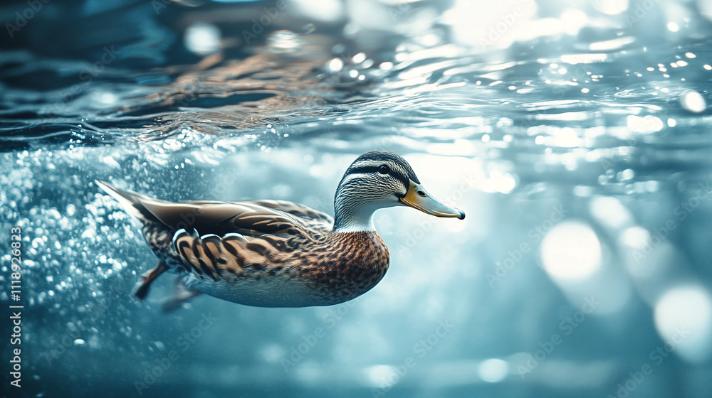 Fototapeta premium Majestic duck bird swimming, serene graceful elegant water nature, peaceful animal beak mallard wildlife, aquatic beautiful natural, tranquil harmonious gliding.