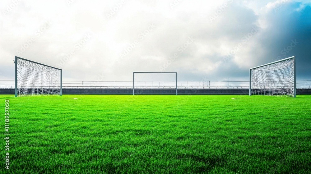 A grassy soccer field with two empty goalposts under a cloudy sky. A grassy soccer field with two empty goalposts under a cloudy sky.