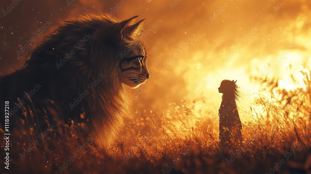 Naklejka premium A whimsical cat shadowed as a lion explores courage, inner strength, and self-perception