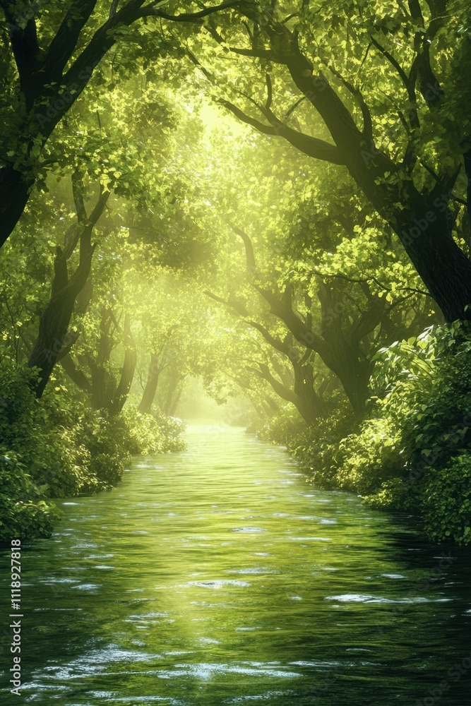 Obraz premium Serene forest scene with a tranquil river illuminated by sunlight.