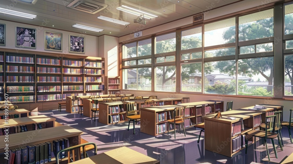 A bright, serene library filled with books and study tables.