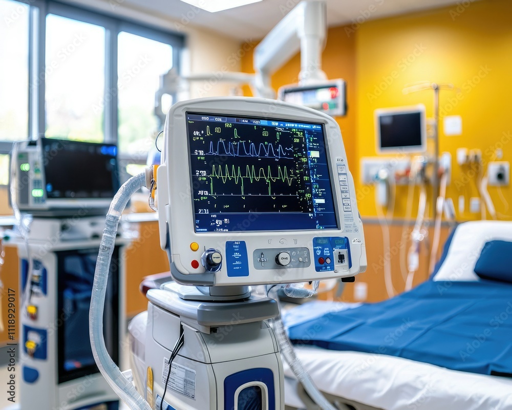 A modern hospital room featuring advanced medical equipment, including a monitor displaying vital signs, alongside a neatly arranged hospital bed. A modern hospital room featuring advanced medical equipment, including a monitor displaying vital signs, alongside a neatly arranged hospital bed.