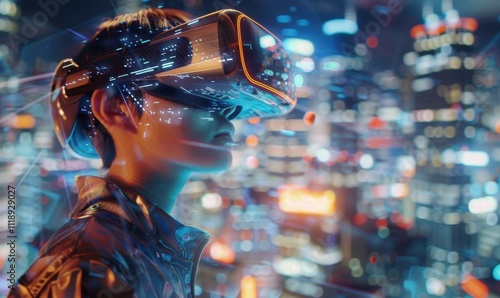 A futuristic youth wearing VR goggles against a vibrant city backdrop.