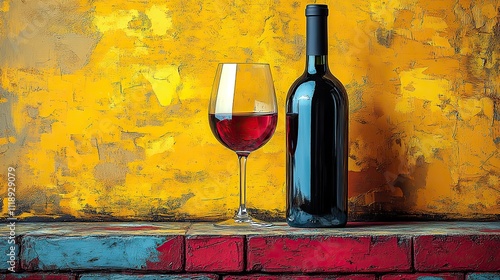 A wine bottle and glass on a yellow background in a vibrant pop art style