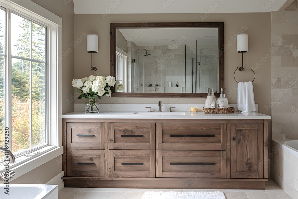Luxurious Modern Bathroom with Wooden Cabinets, Large Window, Glass-Enclosed Shower and Elegant Decor Featuring Fresh Flowers and Natural Light. Luxurious Modern Bathroom with Wooden Cabinets, Large Window, Glass-Enclosed Shower and Elegant Decor Featuring Fresh Flowers and Natural Light.