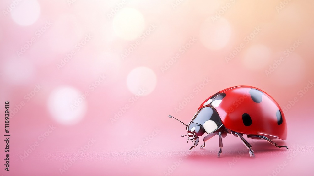 Fototapeta premium Vibrant Ladybug on Soft Pink Background with Blurred Lights
