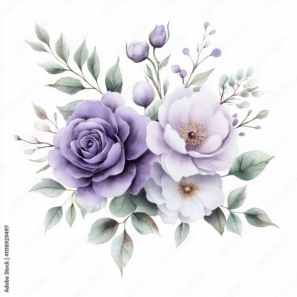 Fototapeta premium Watercolor illustration of bouquet flowers lavender rose purple rose white peony green leaves minimalist design