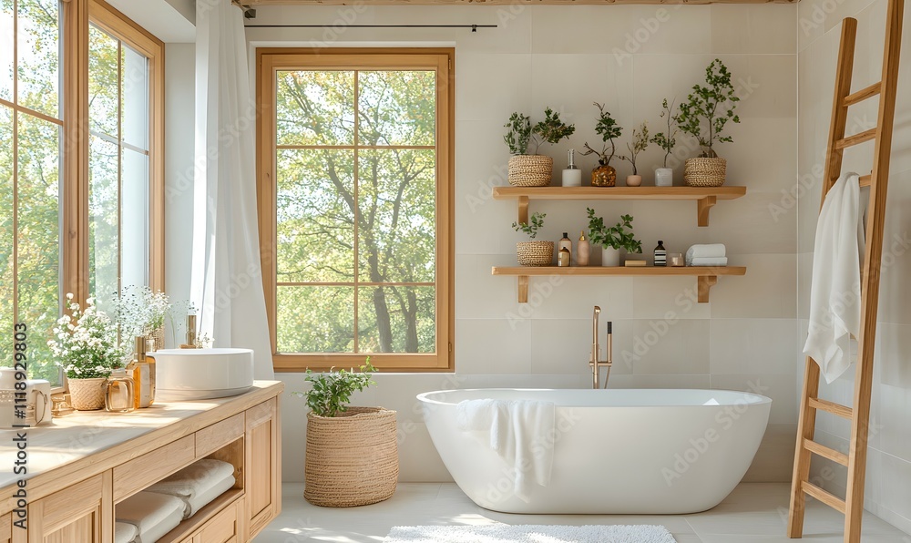 Modern Bathroom Oasis. A Serene Space Featuring a Freestanding Tub, Large Windows with a Forest View, Wooden Shelves with Potted Plants, and Minimalist Decor for a Tranquil Retreat. Modern Bathroom Oasis. A Serene Space Featuring a Freestanding Tub, Large Windows with a Forest View, Wooden Shelves with Potted Plants, and Minimalist Decor for a Tranquil Retreat.