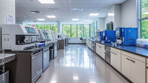 Modern, well-lit laboratory with advanced medical equipment and large windows.