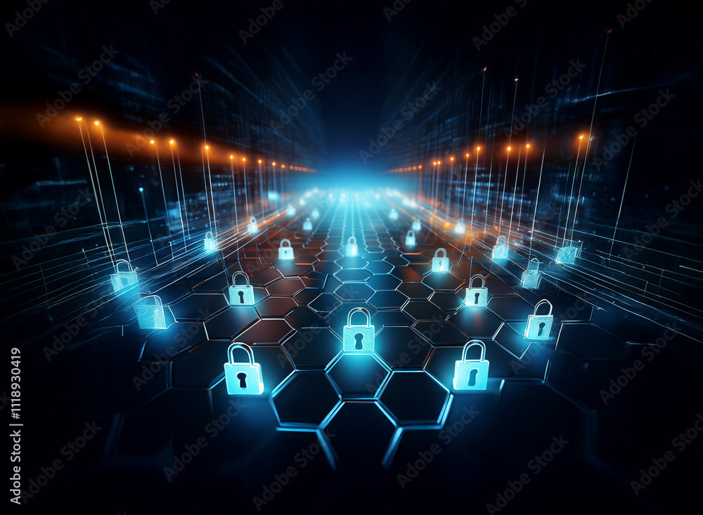 Obraz premium Abstract digital security concept. Glowing padlocks arranged on a hexagonal grid within a futuristic digital tunnel, representing data protection and cybersecurity.