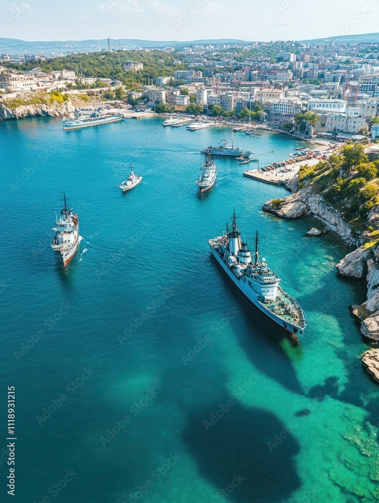 Fototapeta premium Sevastopol, Crimea. Bays of the city of Sevastopol in summer in sunny weather. The ships, Aerial View.