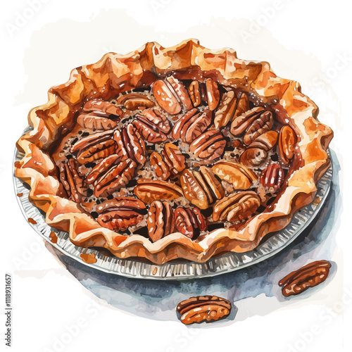 A watercolor drawing of a pecan pie, isolated on a white background. Pecan pie vector.