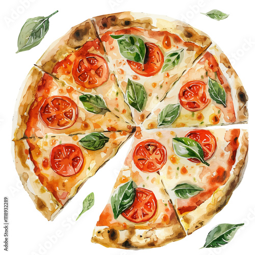 A watercolor vector of a pizza, isolated on a white background. Pizza vector.