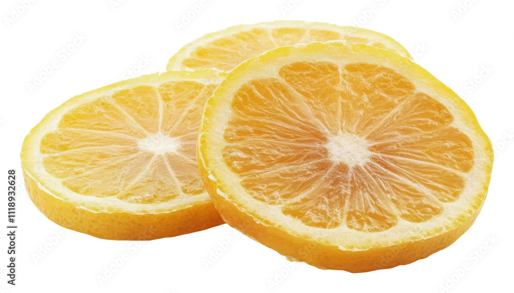 Fresh lemon slices arranged on a white background, cut out - stock png. Fresh lemon slices arranged on a white background, cut out - stock png.