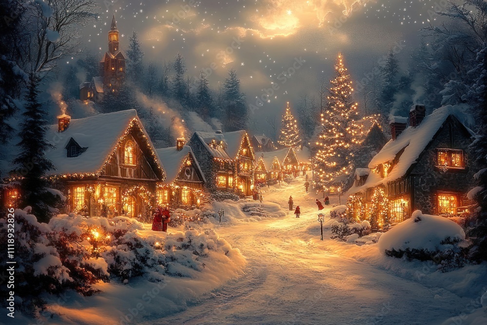 Winter Village Christmas Scene with Snow and Warm Lights Cozy Holiday Celebration Winter Village Christmas Scene with Snow and Warm Lights Cozy Holiday Celebration