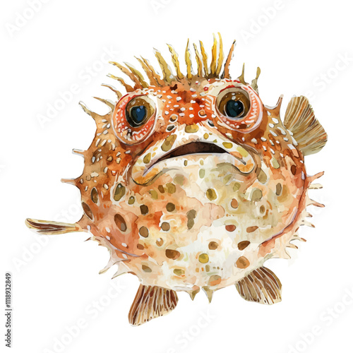 A watercolor painting of a pufferfish, isolated on a white background. Pufferfish vector.