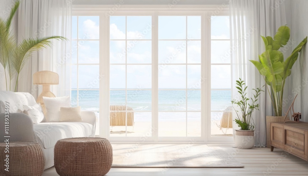 Bright coastal living room with ocean view and natural decor. Bright coastal living room with ocean view and natural decor.