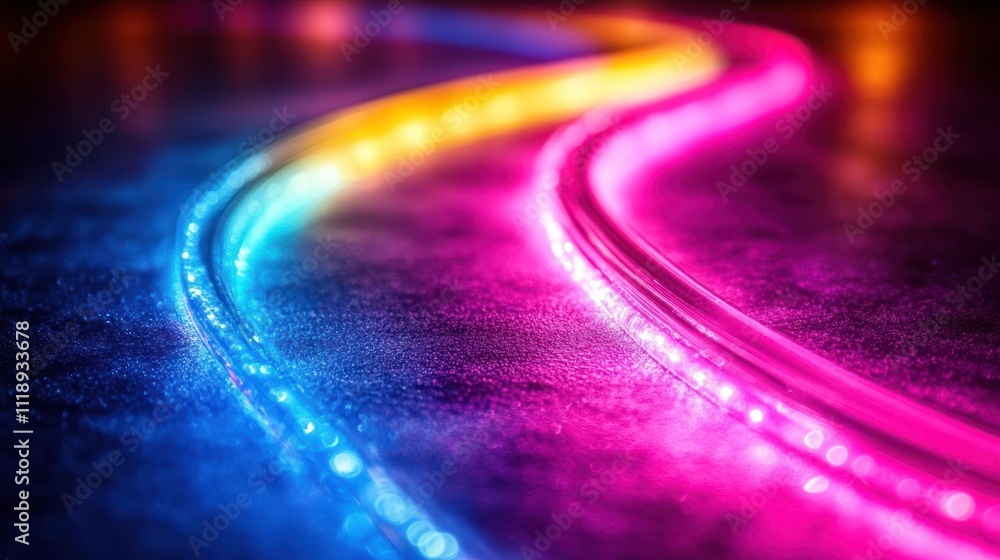 Colorful neon light trails on dark surface. Colorful neon light trails on dark surface.
