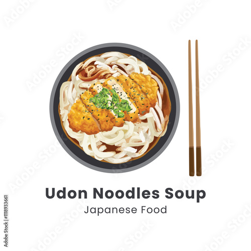 Hand drawn watercolor vector illustration of Udon Noodle Soup Japanese Food 