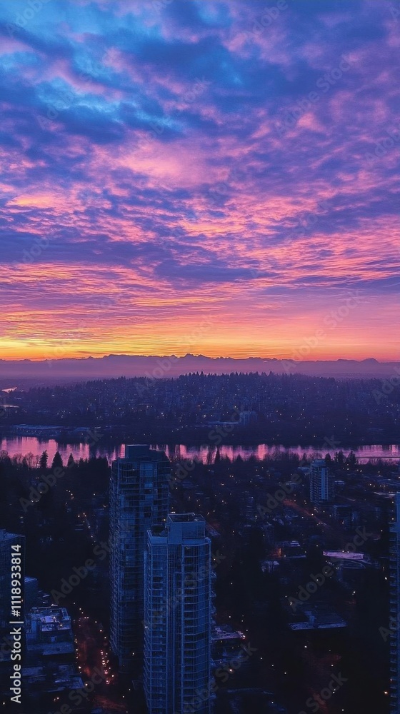 Obraz premium A stunning sunset over a city skyline with vibrant purple hues.