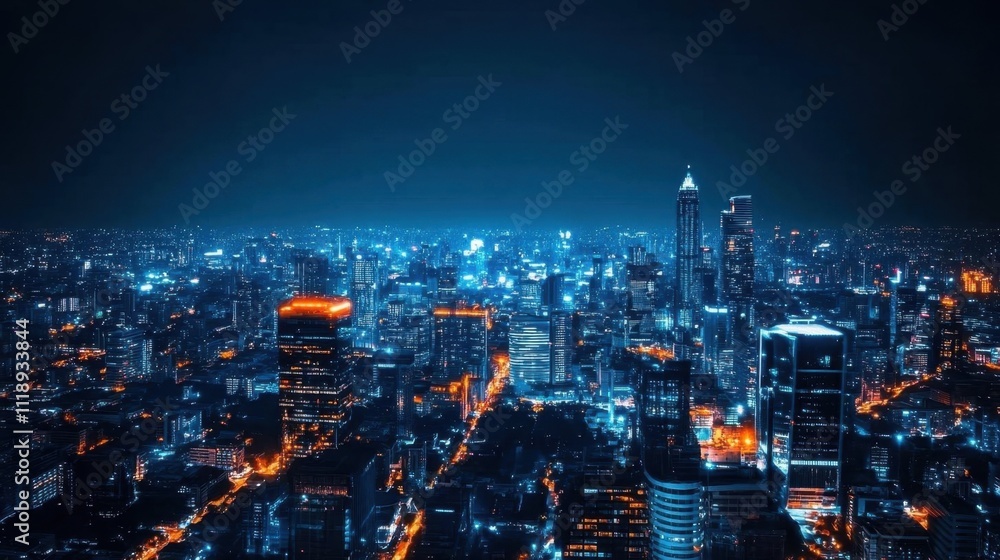 Night cityscape illuminated by blue and orange lights. Night cityscape illuminated by blue and orange lights.