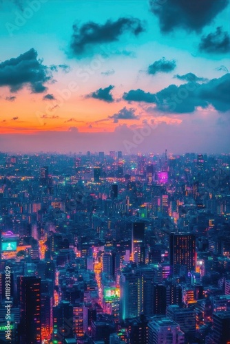 A vibrant cityscape at sunset, showcasing colorful lights and clouds.