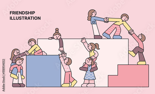 Friends are helping each other up the stairs. They are holding hands and lifting each other up on their shoulders. outline simple vector illustration.