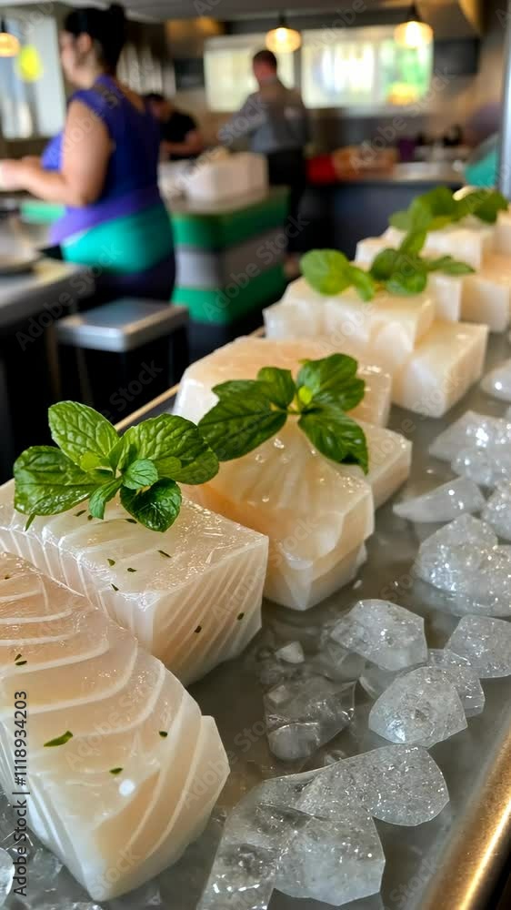 Freshly prepared dishes presented on ice with mint garnish in a busy kitchen setting Freshly prepared dishes presented on ice with mint garnish in a busy kitchen setting